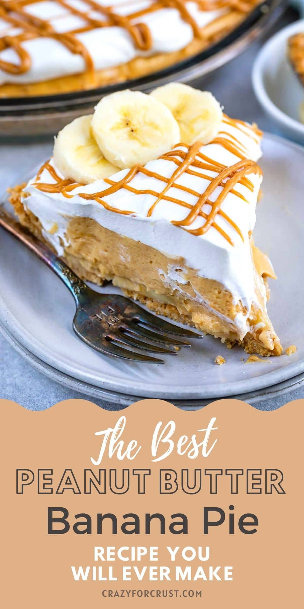 One slice of no bake peanut butter banana cream pie with recipe title on bottom of photo