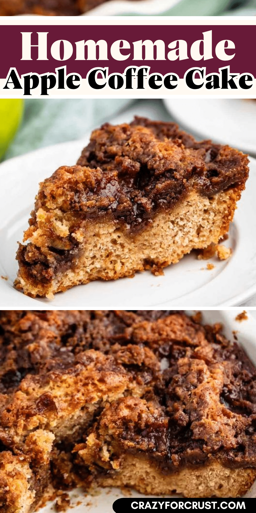 A slice of homemade apple coffee cake with a crumbly cinnamon topping rests on a white plate, while the rest of the apple coffee cake sits invitingly in the background.