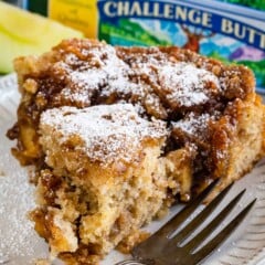 Apple Coffee Cake close up slice on white plate