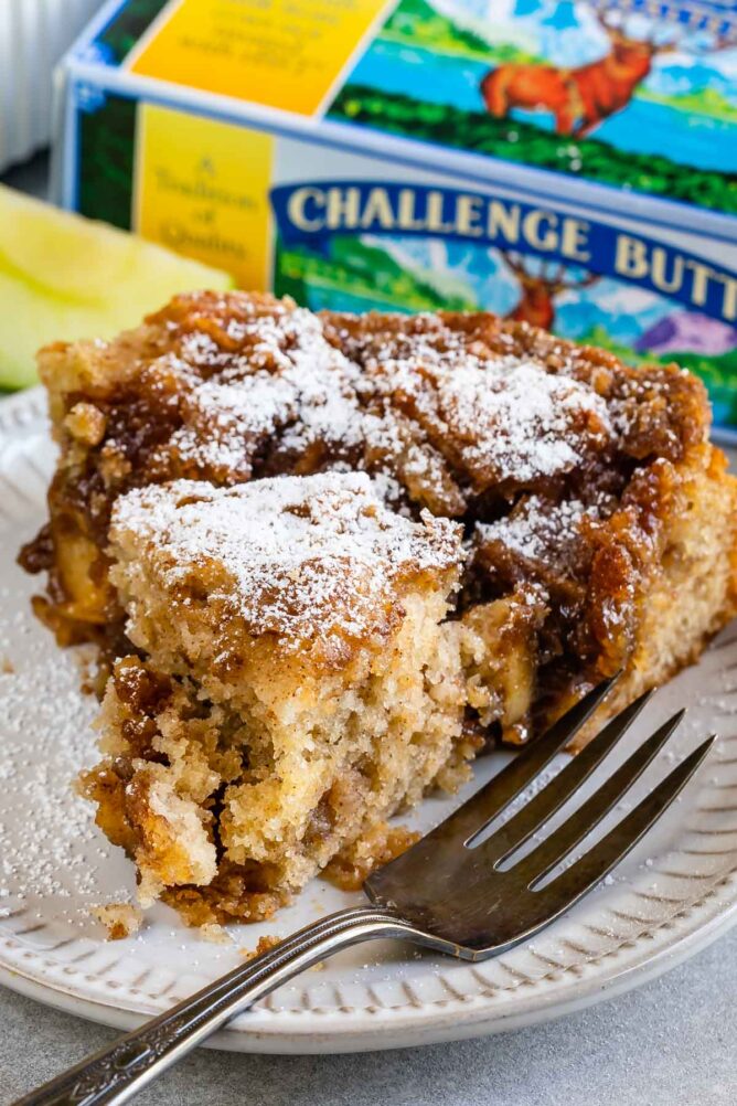 Apple Coffee Cake close up slice on white plate