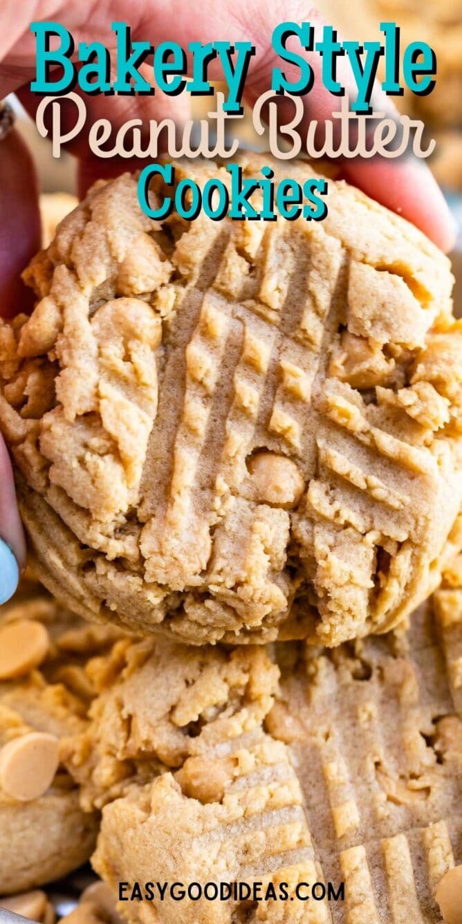 Hand holding one XL bakery style peanut butter cookie with recipe title on top of image