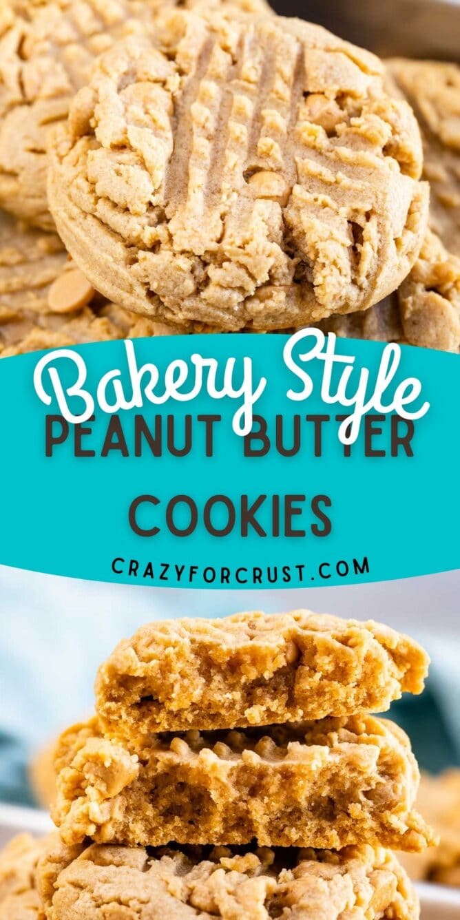 Photo collage of XL bakery style peanut butter cookies with recipe title in the middle