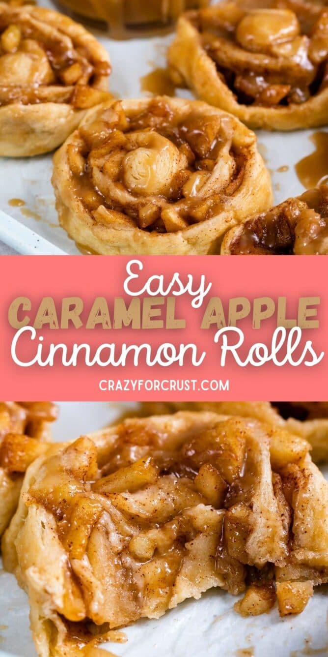 Collage of easy caramel apple cinnamon rolls with recipe title in the middle of photos