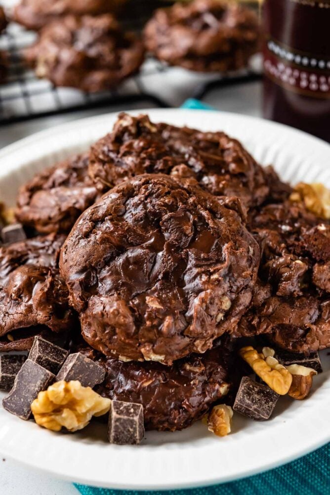 Plate full of flourless brownie cookies