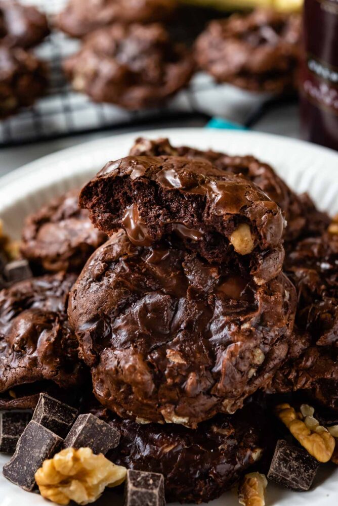 Close up shot of flourless brownie cookies with top cookie split in half