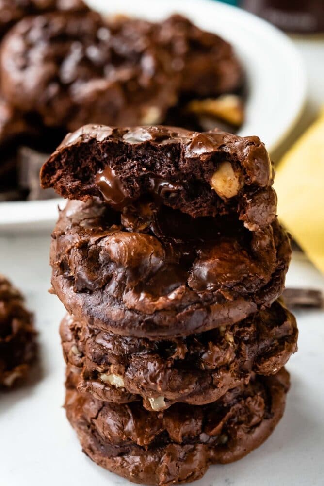 Tall stack of flourless brownie cookies