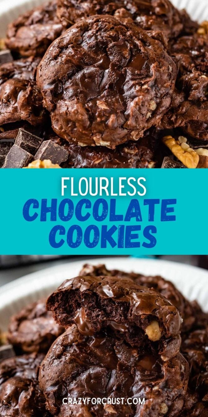 Photo collage of flourless brownie cookies with recipe title in the middle of two photos