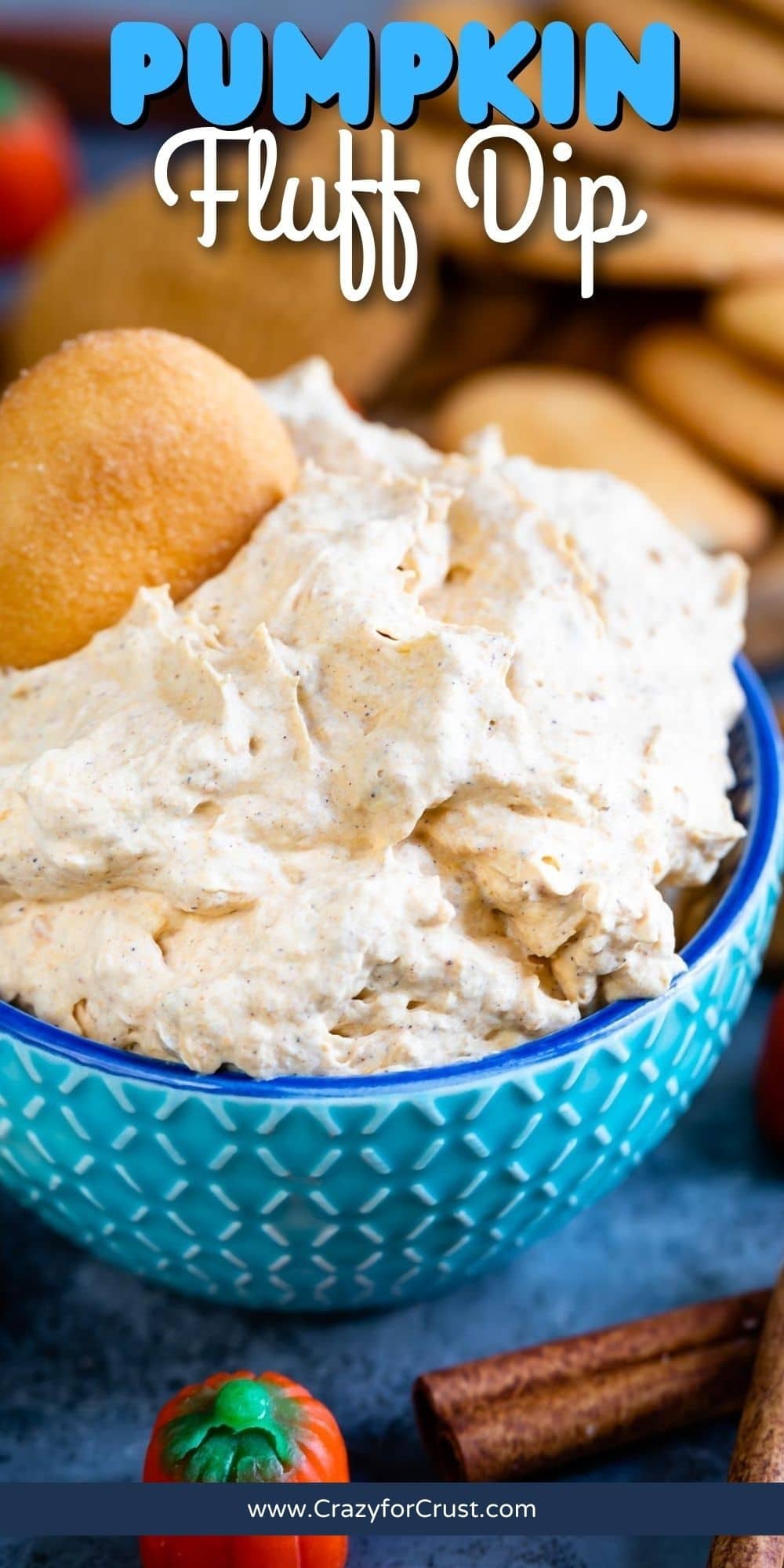 pumpkin fluff in blue bowl with cookie and words on photo