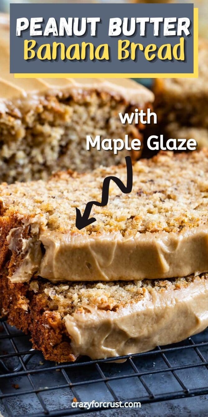 Two slices of peanut butter banana loaf bread topped with maple glaze with recipe title on top of image