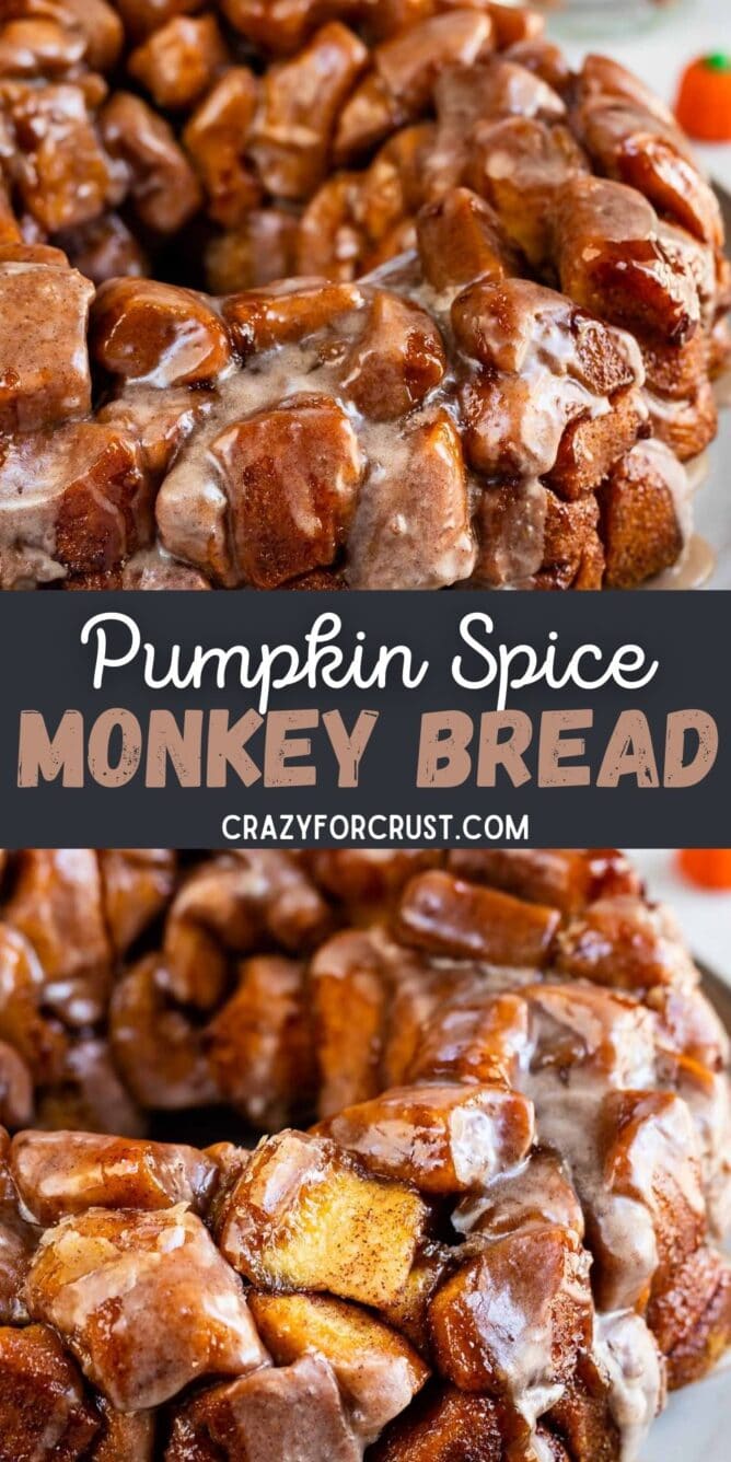 Collage of pumpkin spice monkey bread photos with recipe title in the middle