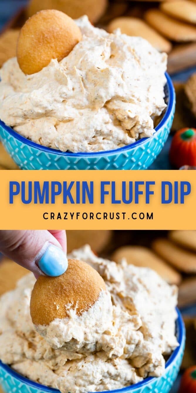 pumpkin fluff in blue bowl and photo of pumpkin fluff in blue bowl with hand dipping cookie