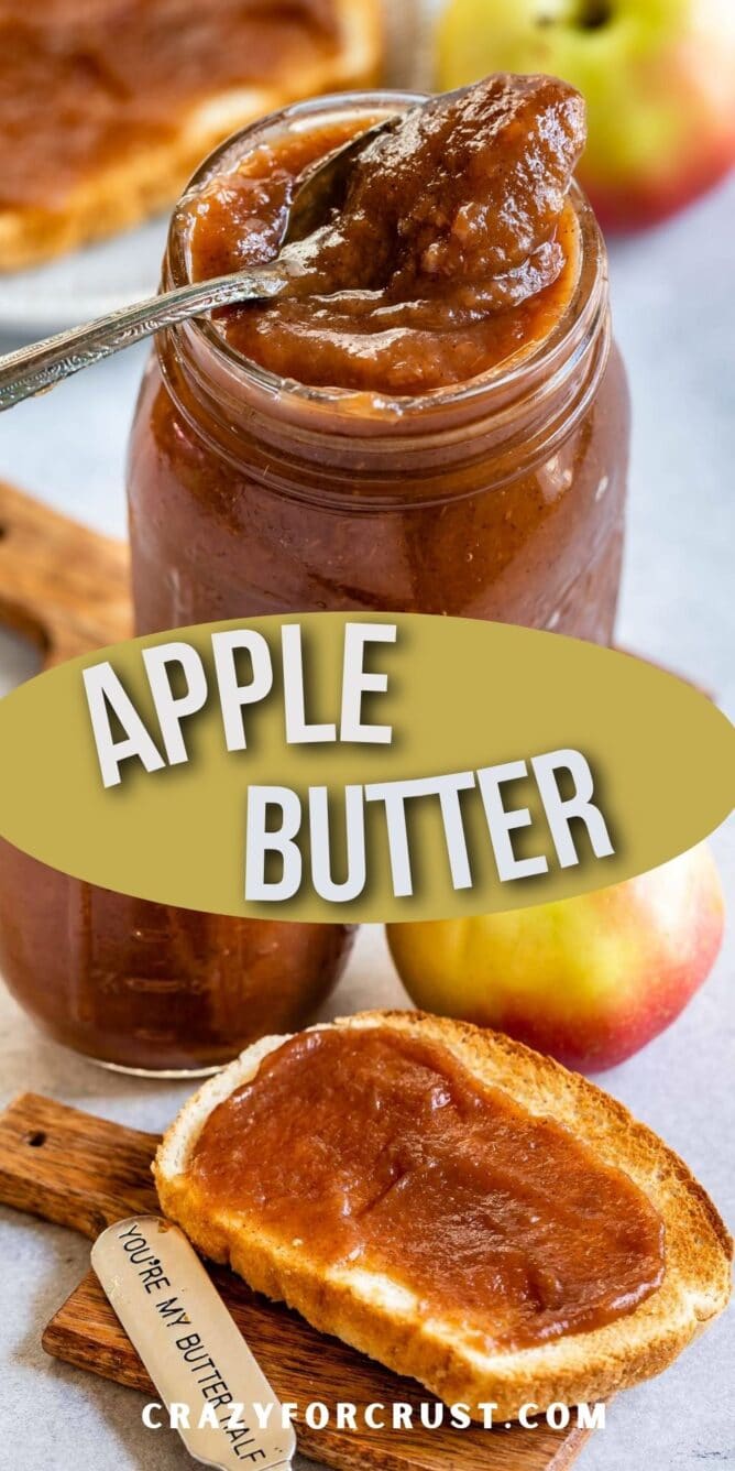 Photo collage of apple butter with recipe title in the middle of two photos