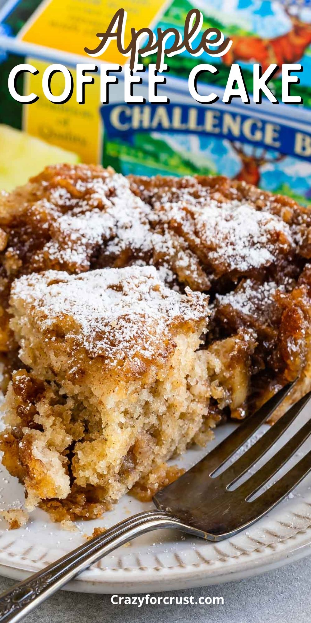 Apple Coffee Cake close up slice on white plate