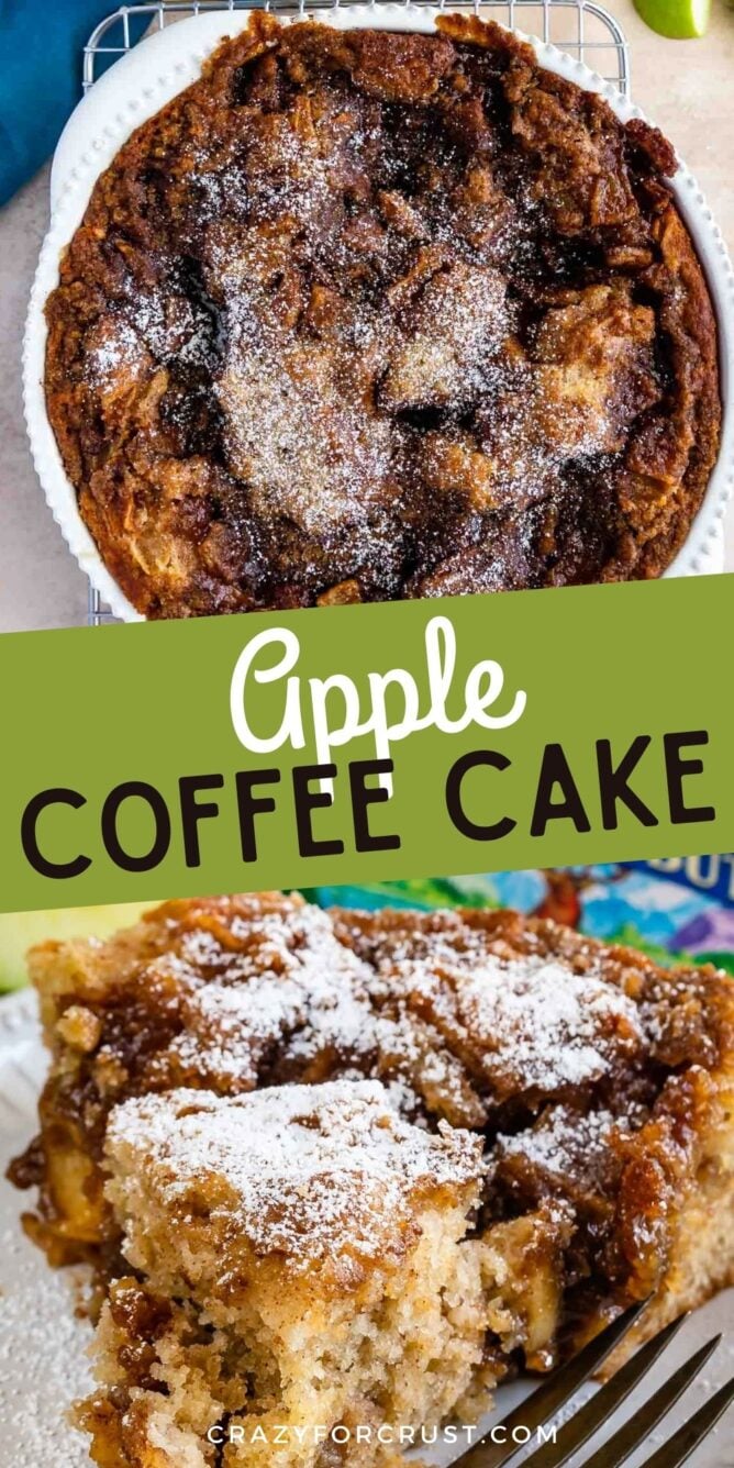 Overhead photo of coffee cake in pan and slice on plate