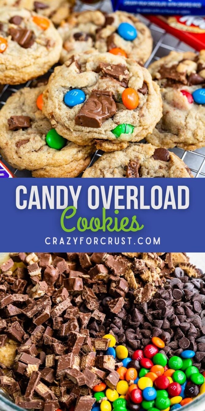 Photo collage of candy overload cookies with recipe title in the middle of two photos