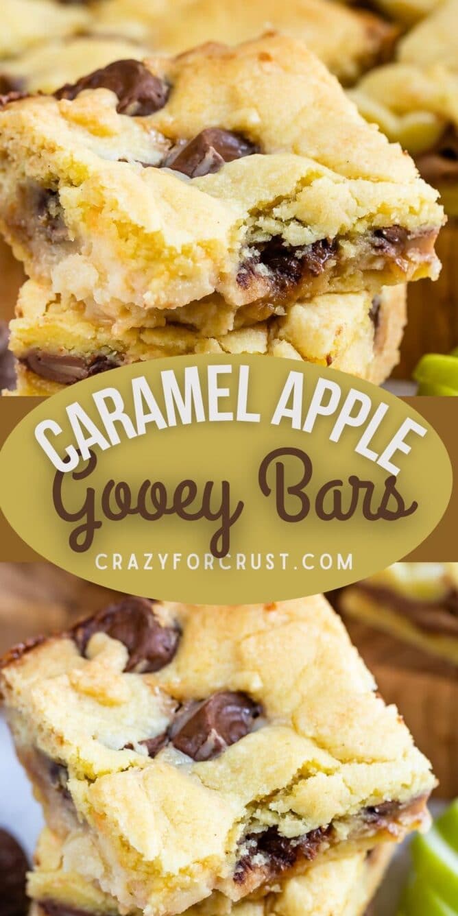 Photo collage of caramel apple gooey bars with recipe title in the middle of photos