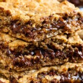 Stack of three carmelitas with recipe title on top of image