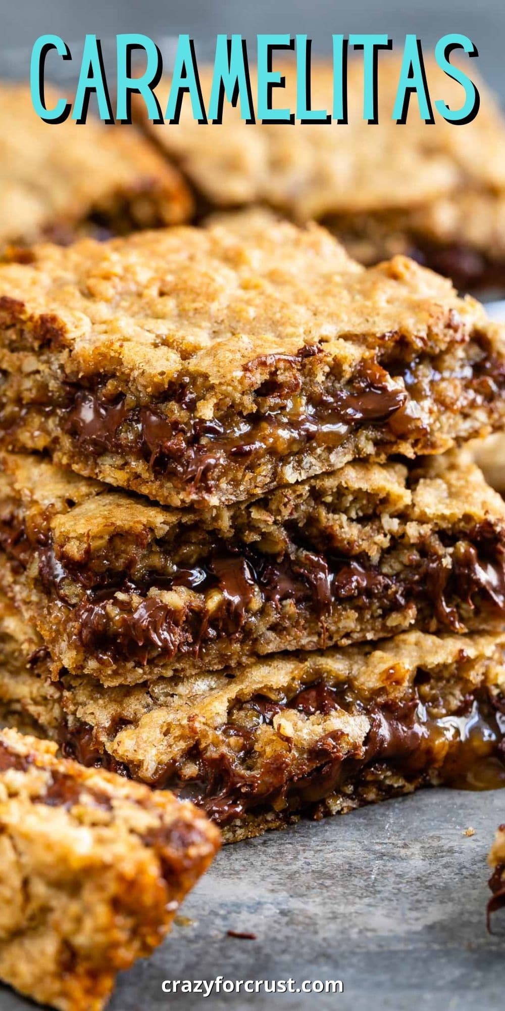 Stack of three carmelitas with recipe title on top of image