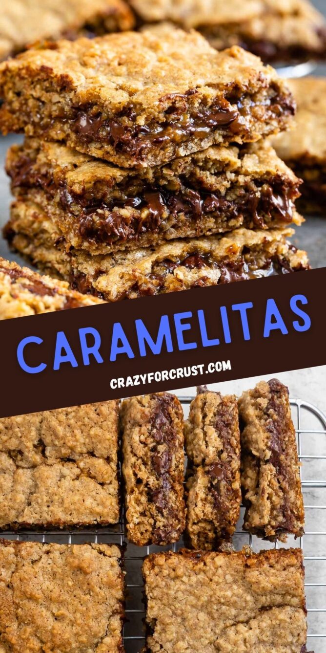 Photo collage of carmelitas with recipe title in the middle of photos