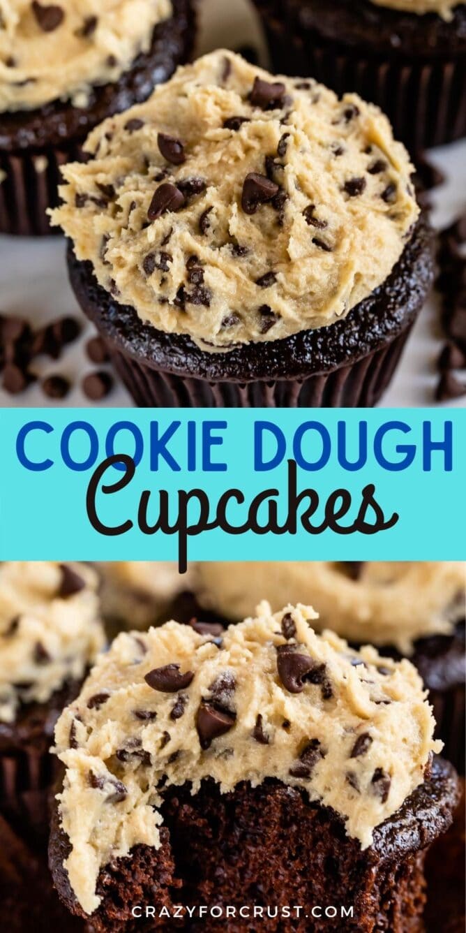 Collage of cookie dough cupcakes with recipe title in the middle of two photos