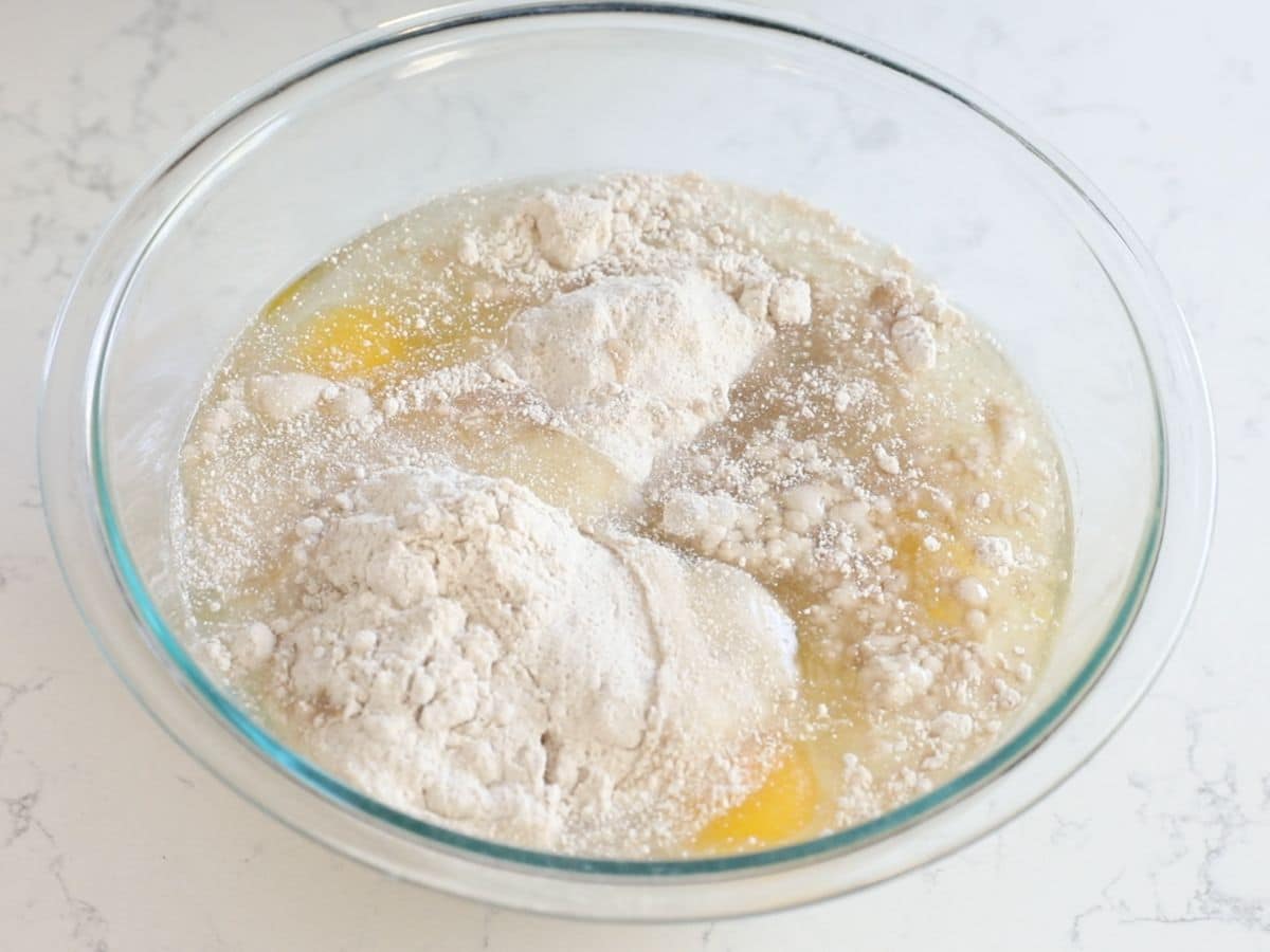 bowl with cake mix, eggs, water, and oil.