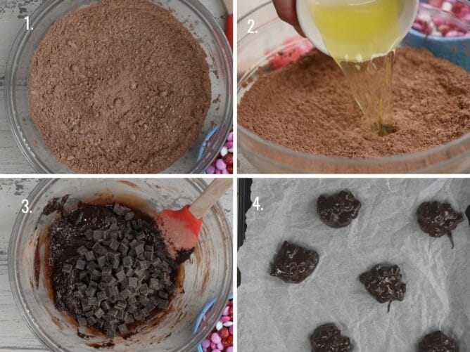 collage showing 4 photos how to make flourless cookies