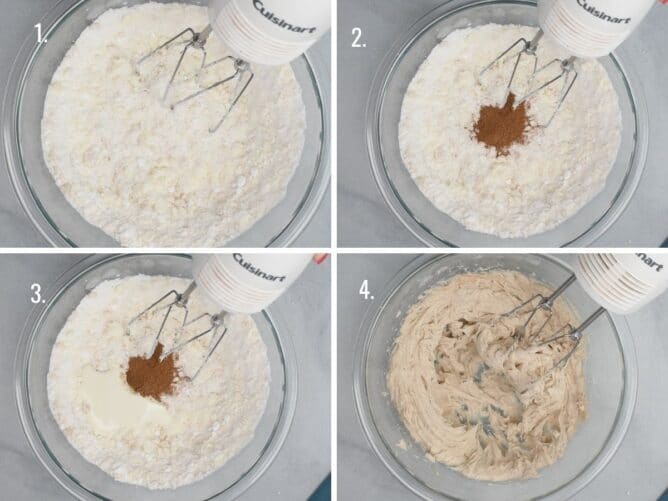 4 photos showing how to make pumpkin spice frosting