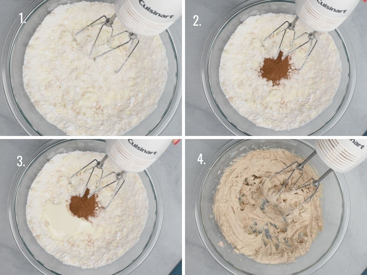 4 photos showing how to make pumpkin spice frosting