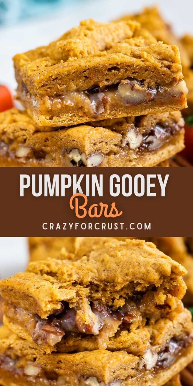 Photo collage of pumpkin gooey bars with recipe title in the middle of two photos