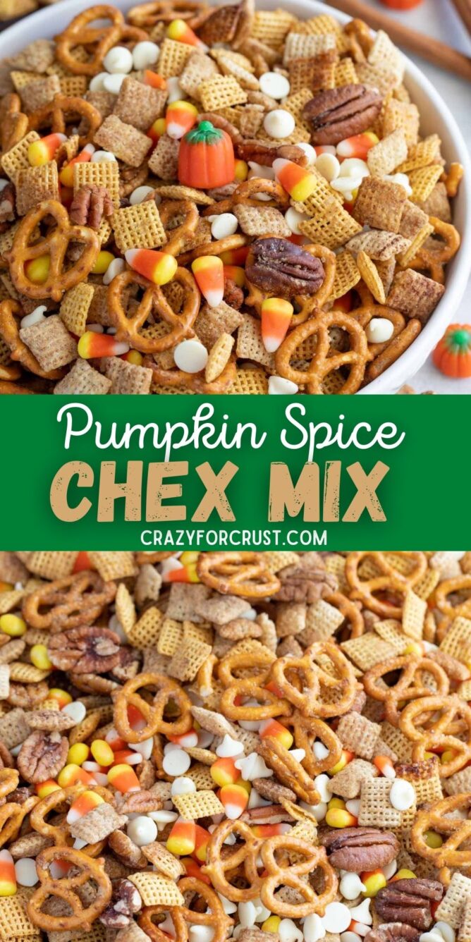 Photo collage of easy pumpkin spice chex mix with recipe title in the middle of two photos