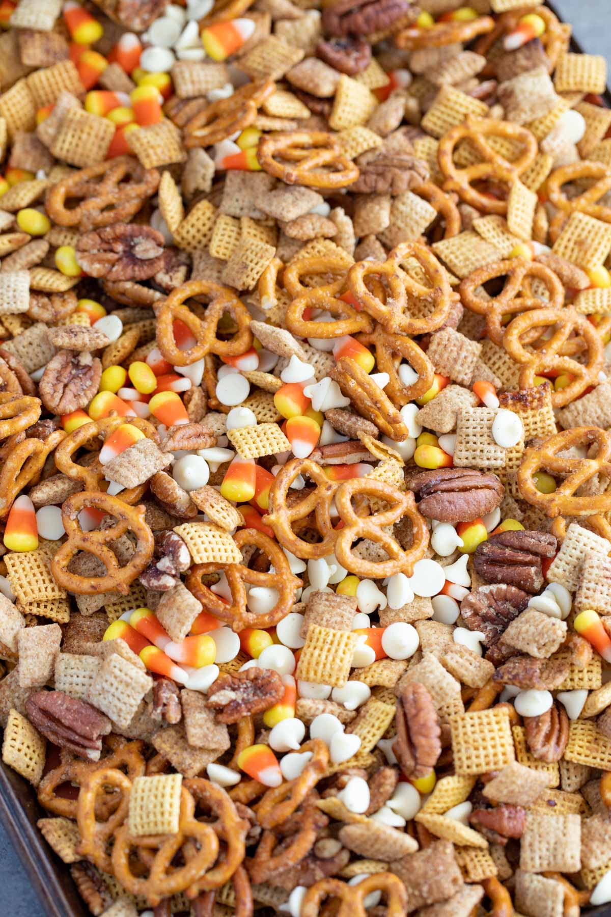 Overhead shot of easy pumpkin spice chex mix