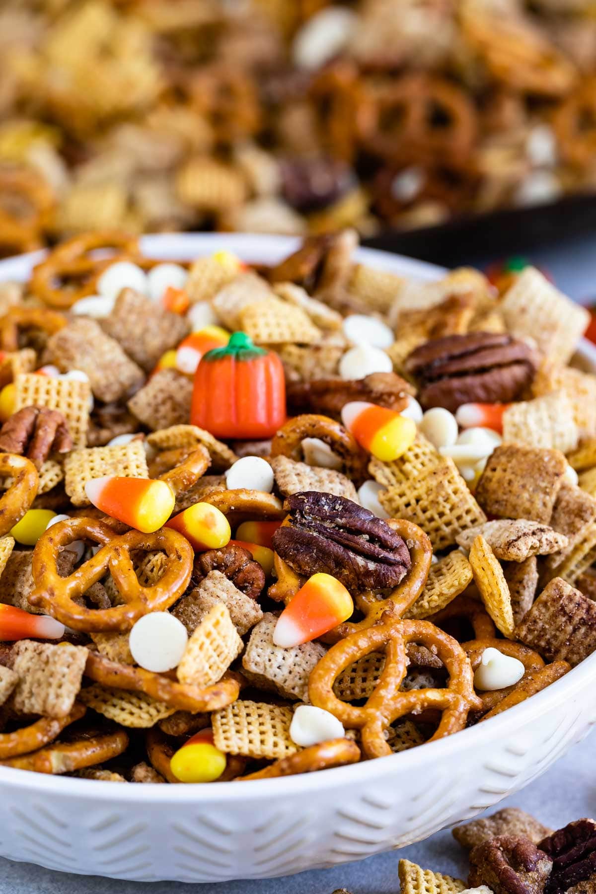 Large bowl of easy pumpkin spice chex mix