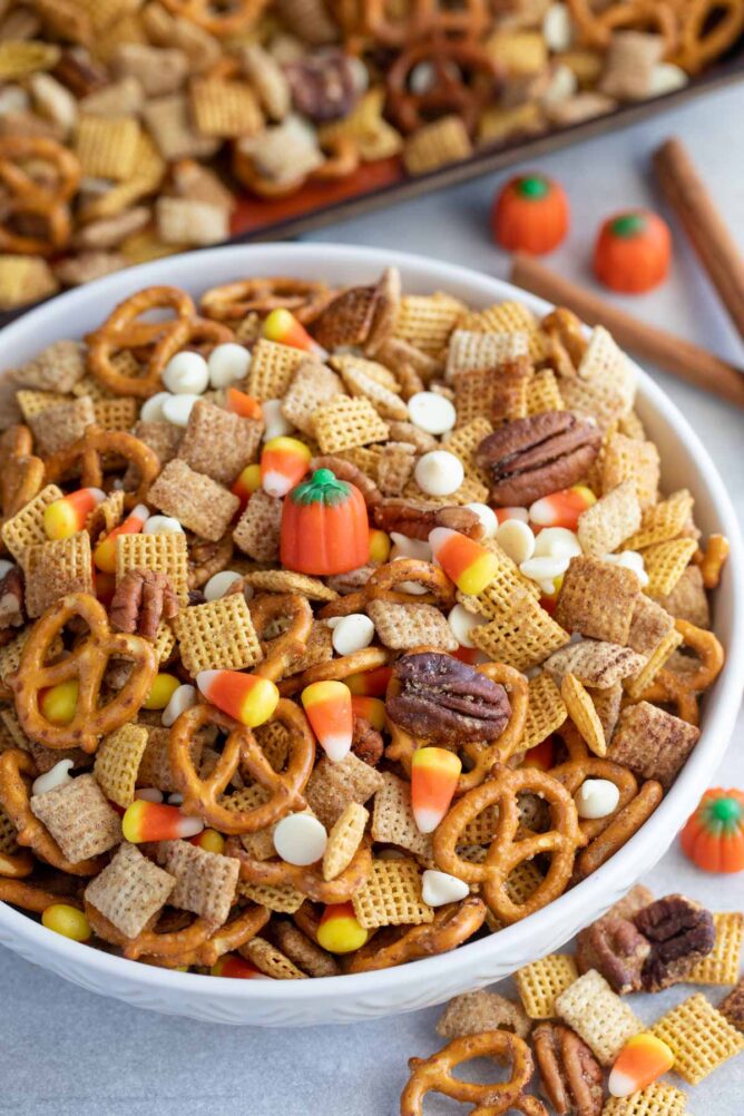 Overhead shot of pumpkin spice chex mix