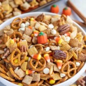 Overhead shot of pumpkin spice chex mix