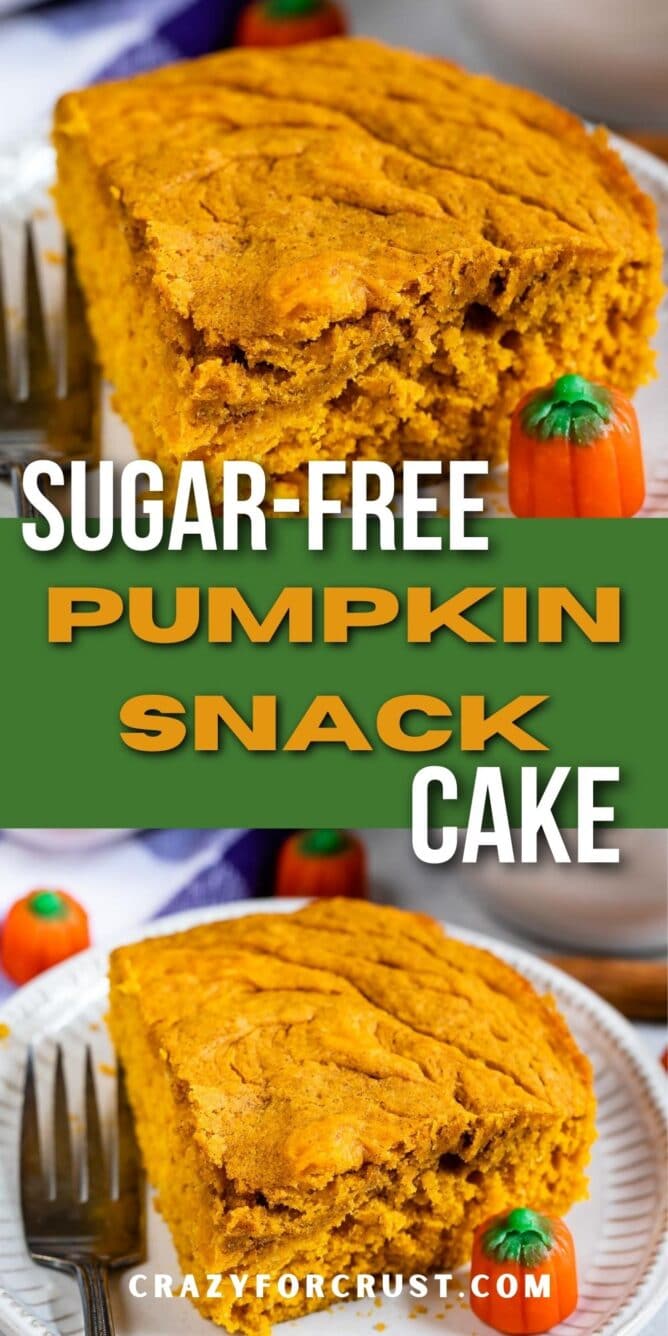 Photo collage of pumpkin snack cake with recipe title in the middle of two photos