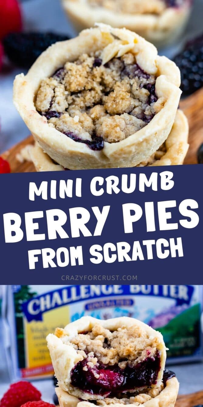Photo collage of mini berry pies with recipe title in the middle of two photos