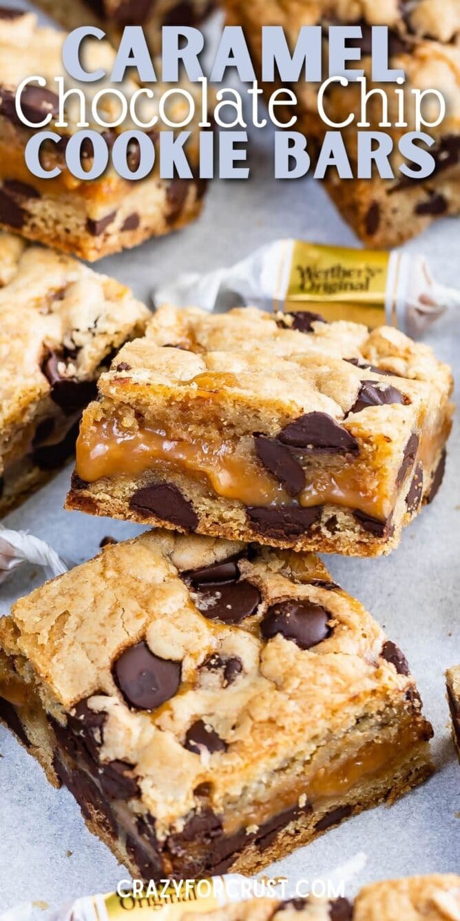Caramel chocolate chip cookie bars with recipe title on the top of image