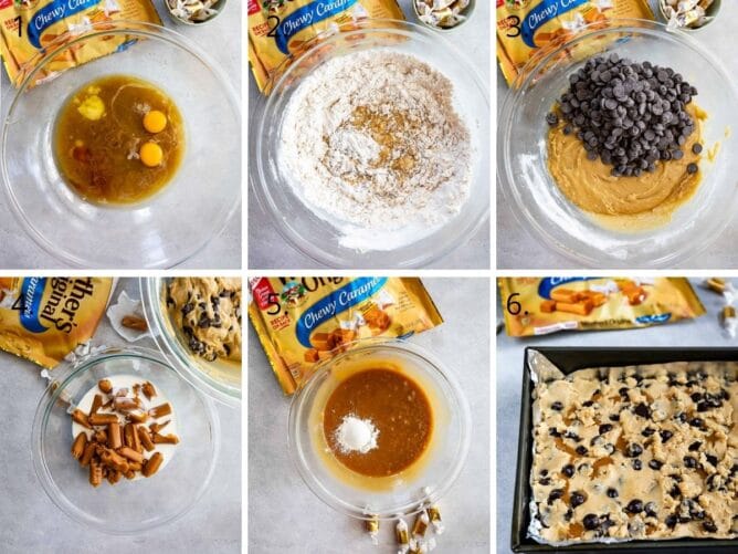 Overhead shot of six photos showing the process of making caramel chocolate chip cookie bars
