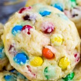 M&M Cake Mix Cookies with recipe title on the top of image