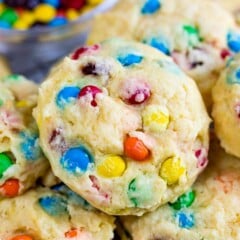 Close up shot of M&M Cake Mix Cookies