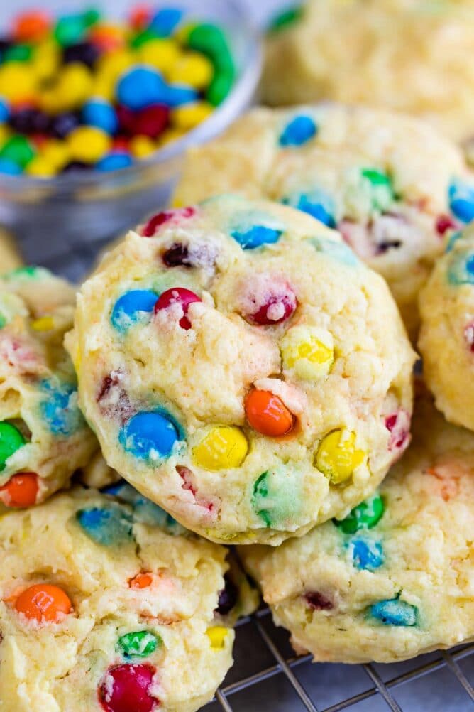 Close up shot of M&M Cake Mix Cookies