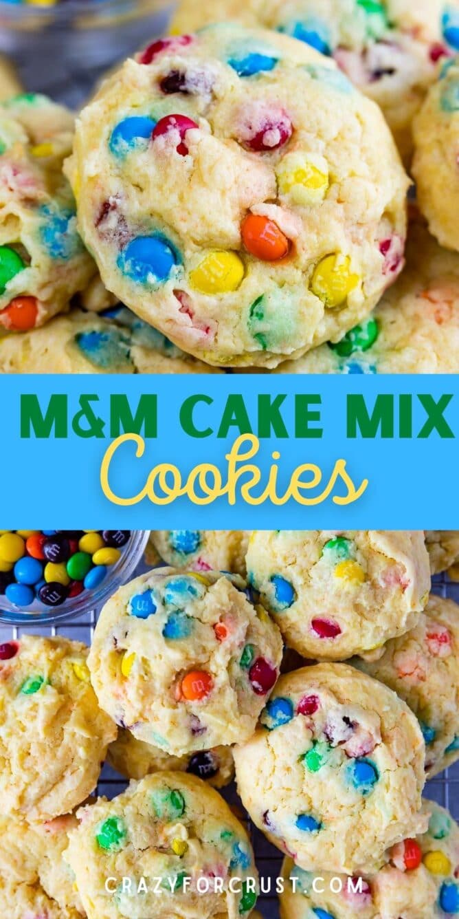 M&M Cake Mix Cookies collage with recipe title in the middle of two photos