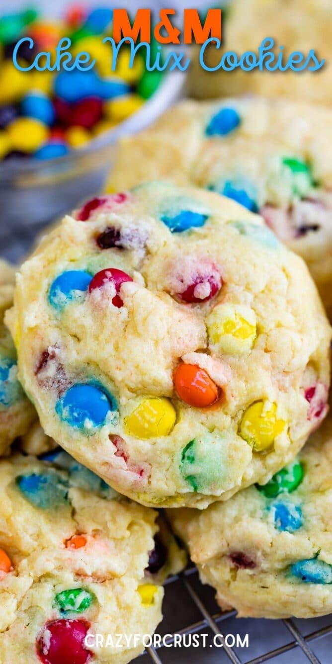 M&M Cake Mix Cookies with recipe title on the top of image
