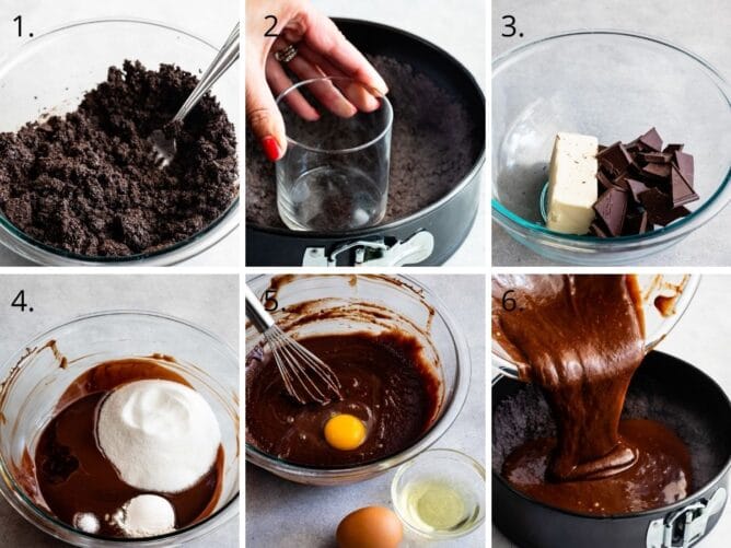 Six photos showing the process of making mississippi mud pie