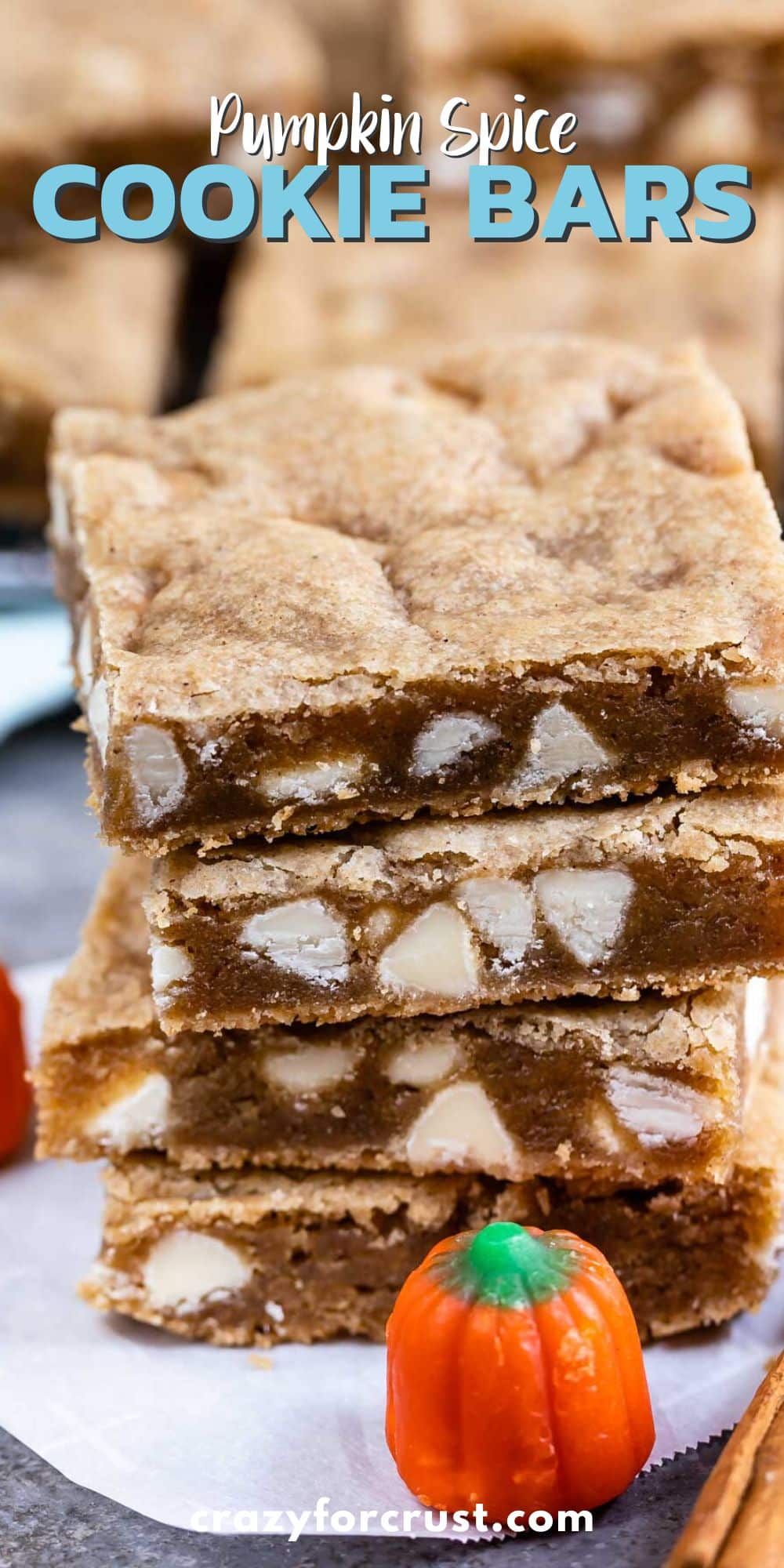 stack of 4 cookie bars with pumpkin mallow in front