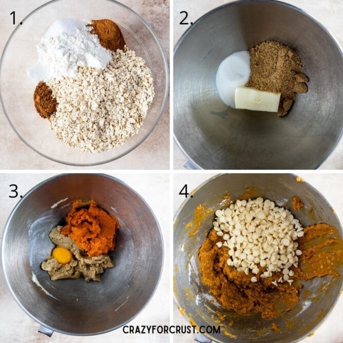 Four process shots showing steps in making Pumpkin Oatmeal Cookies