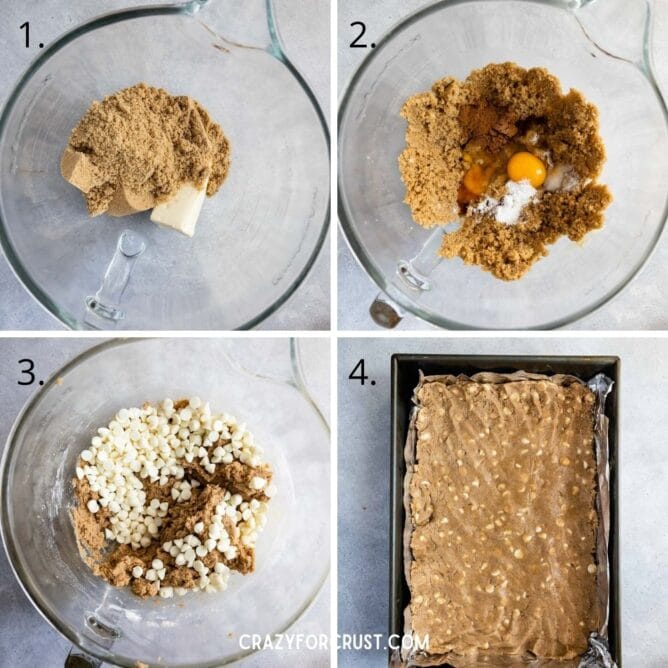 Overhead shot of four photos showing the process in making pumpkin spice blondies