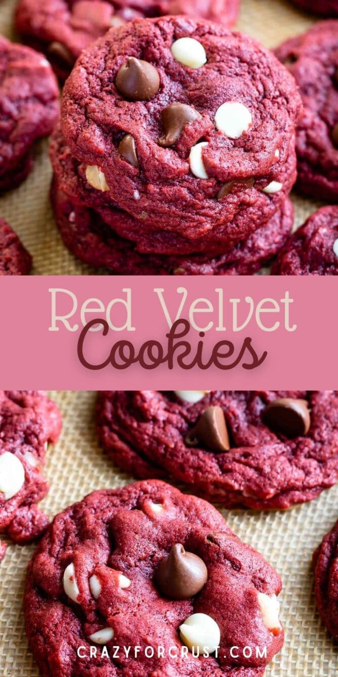 Red Velvet Cookies collage with recipe title in the middle of two photos