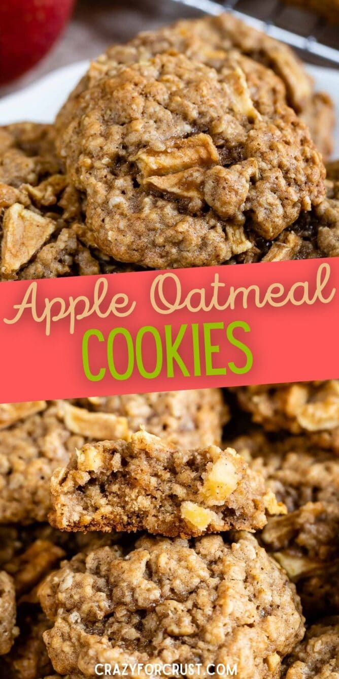 Photo collage of apple oatmeal cookies with recipe title in the middle of two photos