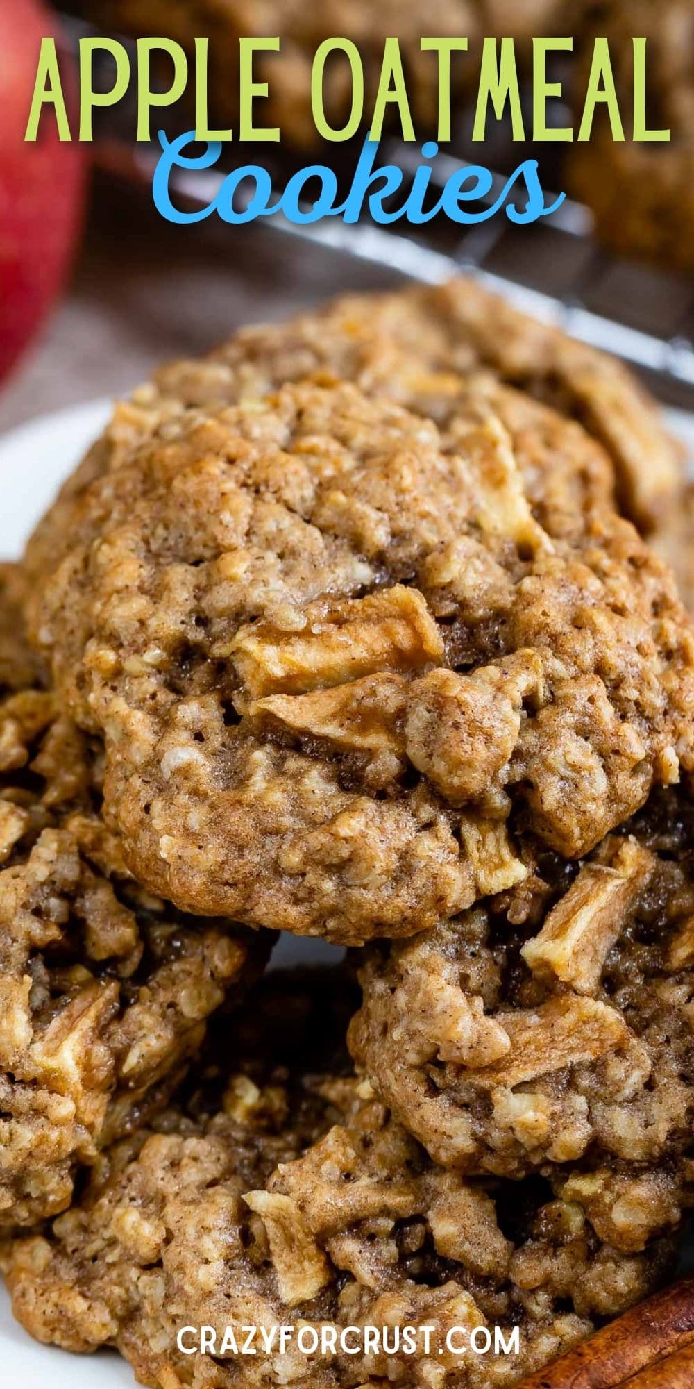 Group of apple oatmeal cookies with recipe title on top of image